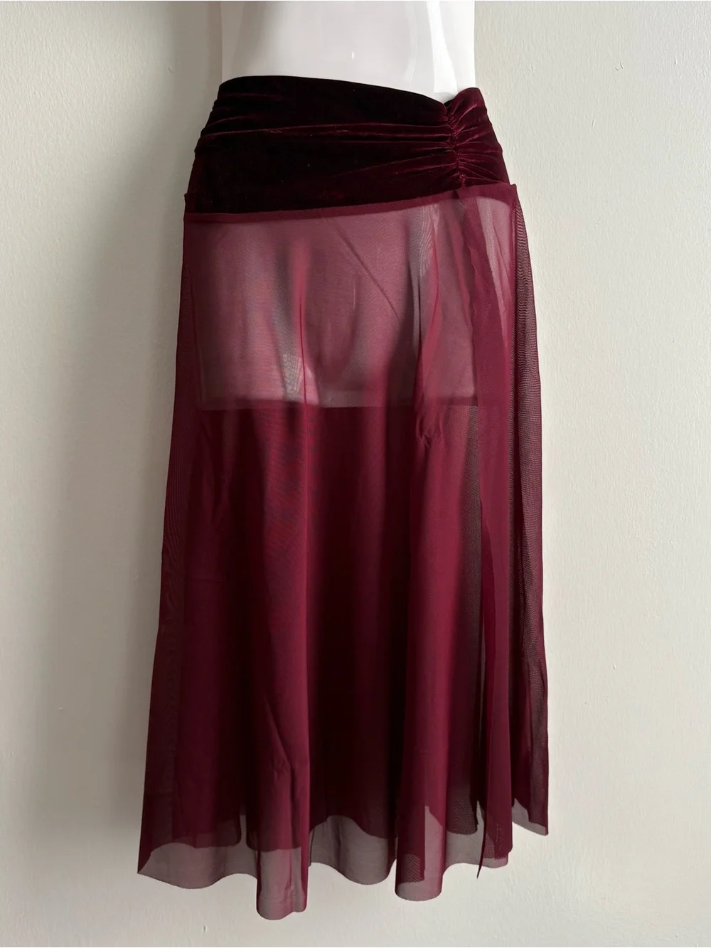Weissman Burgundy Velvet Mesh Ruched Pull-On Sheer Dance Costume Skirt IC